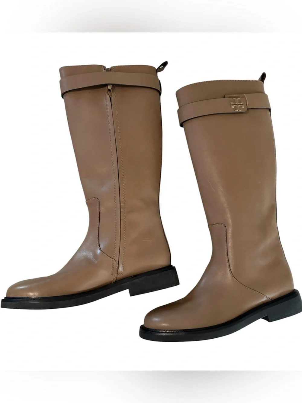 Tory Burch Double T Utility Knee High Leather Tall Boots, Almond, Size 10, NWOT